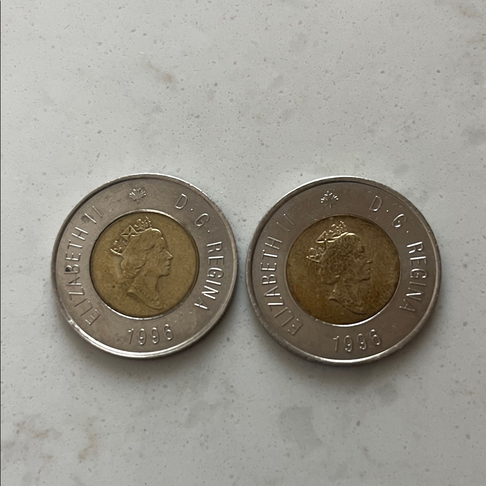 1996 Canadian Two Dollar Elizabeth II DG Regina (Two Coins)